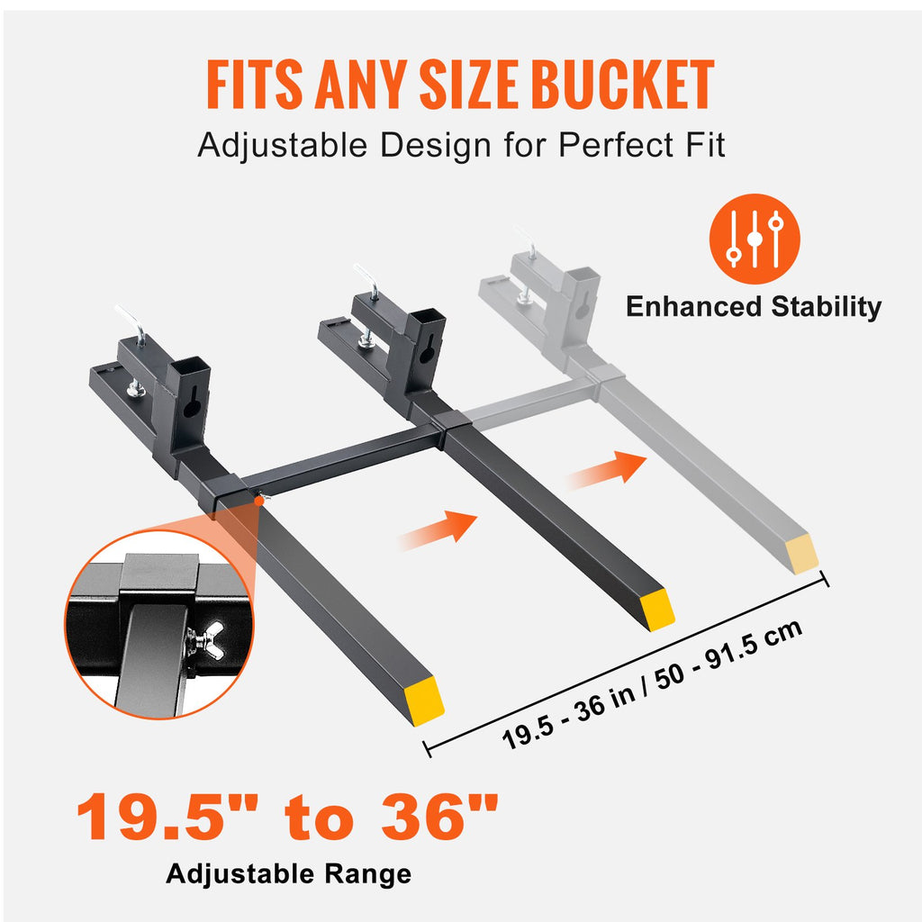 VEVOR Pallet Forks, 907 kg Clamp on Pallet Forks, 1090 mm Total Length Tractor Bucket Forks with Adjustable Stabilizer bar, Heavy Duty Pallet Forks for Tractor Attachments, Skid Steer, Loader Bucket