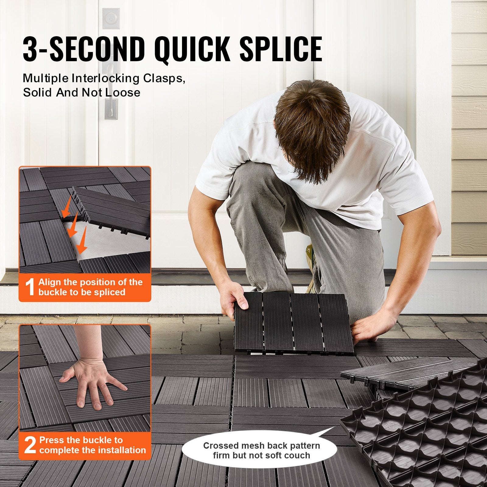 VEVOR Interlocking Deck Tiles, 10 Pack,12"x12" 10 sq. ft Plastic Waterproof Outdoor Flooring All Weather Use, Patio Floor Decking Covering Tiles for Porch Poolside Balcony Backyard, Dark Brown