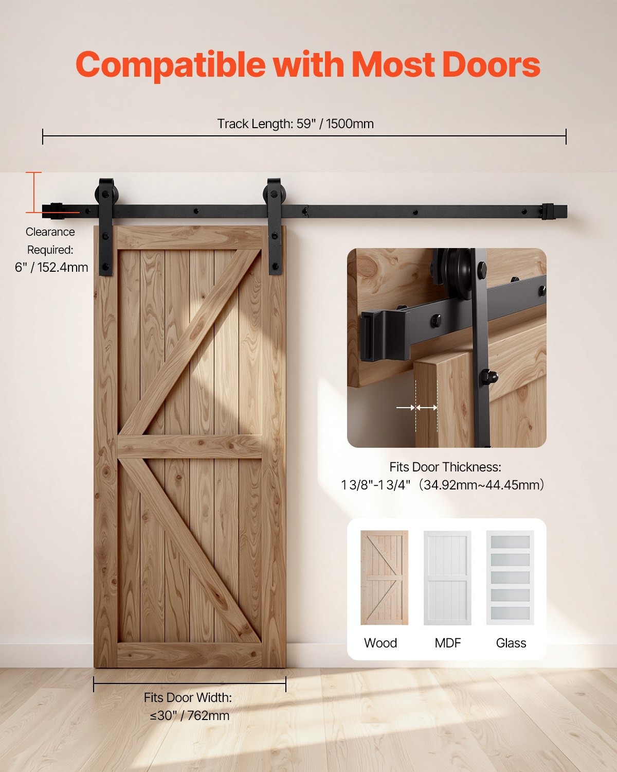 VEVOR 1500 mm Sliding Barn Door Hardware Kit for Single Sliding Barn Door Black