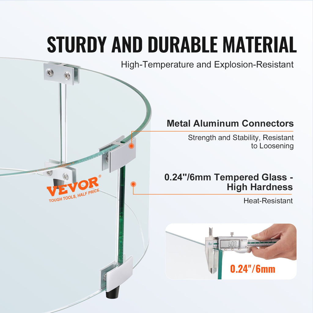 VEVOR Fire Pit Wind Guard, 740 x 214mm Round Glass Flame Shield, 6mm Thick Fire Table Accessory, Clear Tempered Glass Flame Guard for Propane, Gas, Outdoor, Patio, Backyard