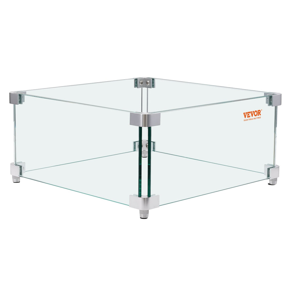 VEVOR Gas Fire Pit Wind Guard for Square Fire Table, 380 x 380 x 180 mm Clear Tempered Wind Guard for Firepits, 8mm Thick Square Glass Shield, Glass Panel with Hard Corner Bracket & Feet