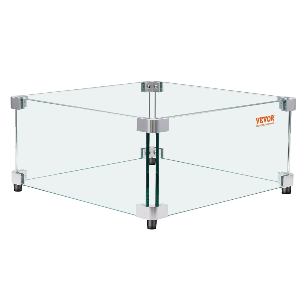 VEVOR Gas Fire Pit Wind Guard for Square Fire Table, 543 x 543 x 191 mm Clear Tempered Wind Guard for Firepits, 8mm Thick Square Glass Shield, Glass Panel with Hard Corner Bracket & Feet