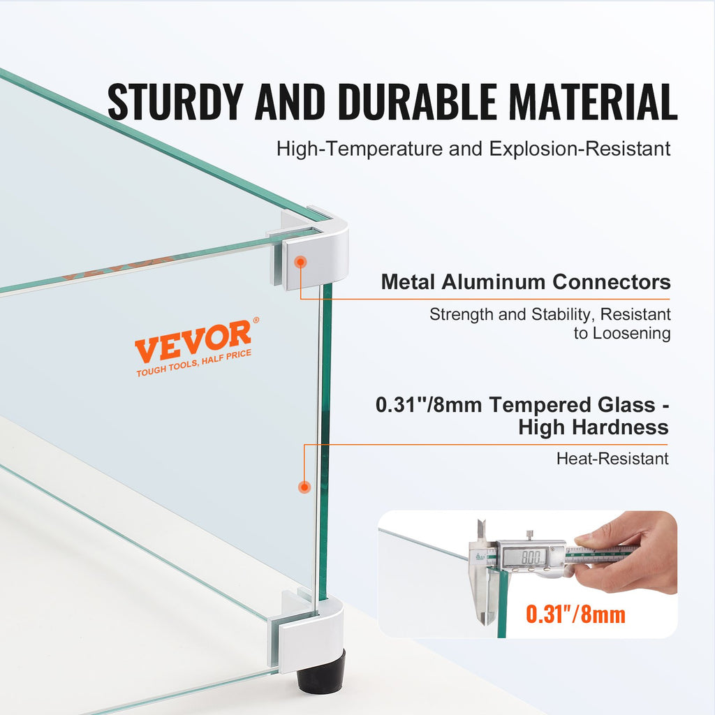 VEVOR Glass Wind Guard for Rectangular Fire Pit Table 798 x 317 x 165 mm, 8mm Thick and Sturdy Tempered Glass Panel with Hard Aluminum Corner Bracket & Rubber Feet, Easy to Assemble