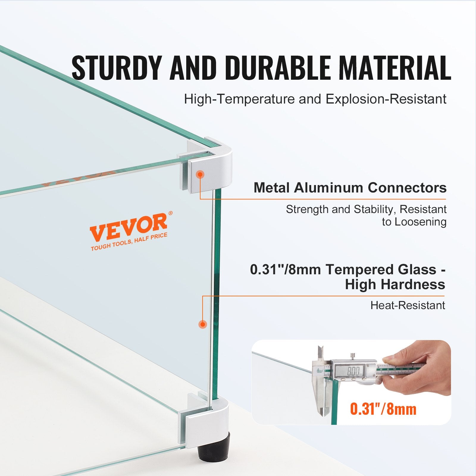 VEVOR Glass Wind Guard for Rectangular Fire Pit Table 798 x 317 x 165 mm, 8mm Thick and Sturdy Tempered Glass Panel with Hard Aluminum Corner Bracket & Rubber Feet, Easy to Assemble