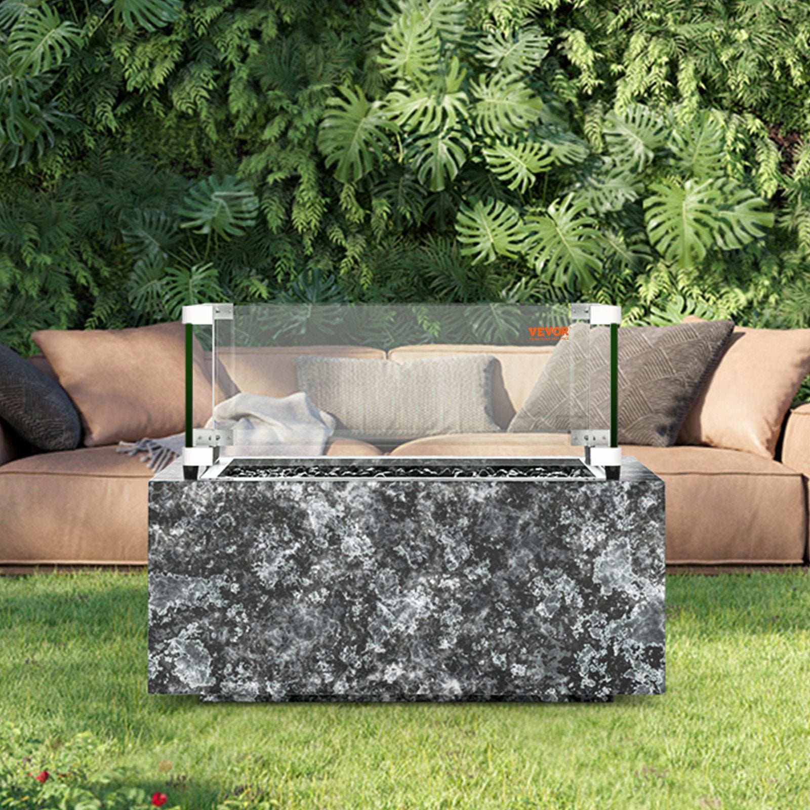 VEVOR Gas Fire Pit Wind Guard for Square Fire Table, 493 x 493 x 191 mm Clear Tempered Wind Guard for Firepits, 8mm Thick Square Glass Shield, Glass Panel with Hard Corner Bracket & Feet