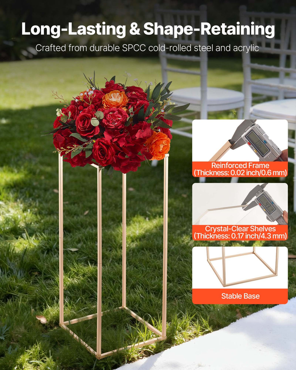 VEVOR Wedding Flower Stand, 10PCS 60cm Column Flower Stand, Floral Stands with Acrylic Laminate, Gold Rectangular Floral Display Rack for Wedding, Party, Birthday, Home,  Gold Centerpiece Stands