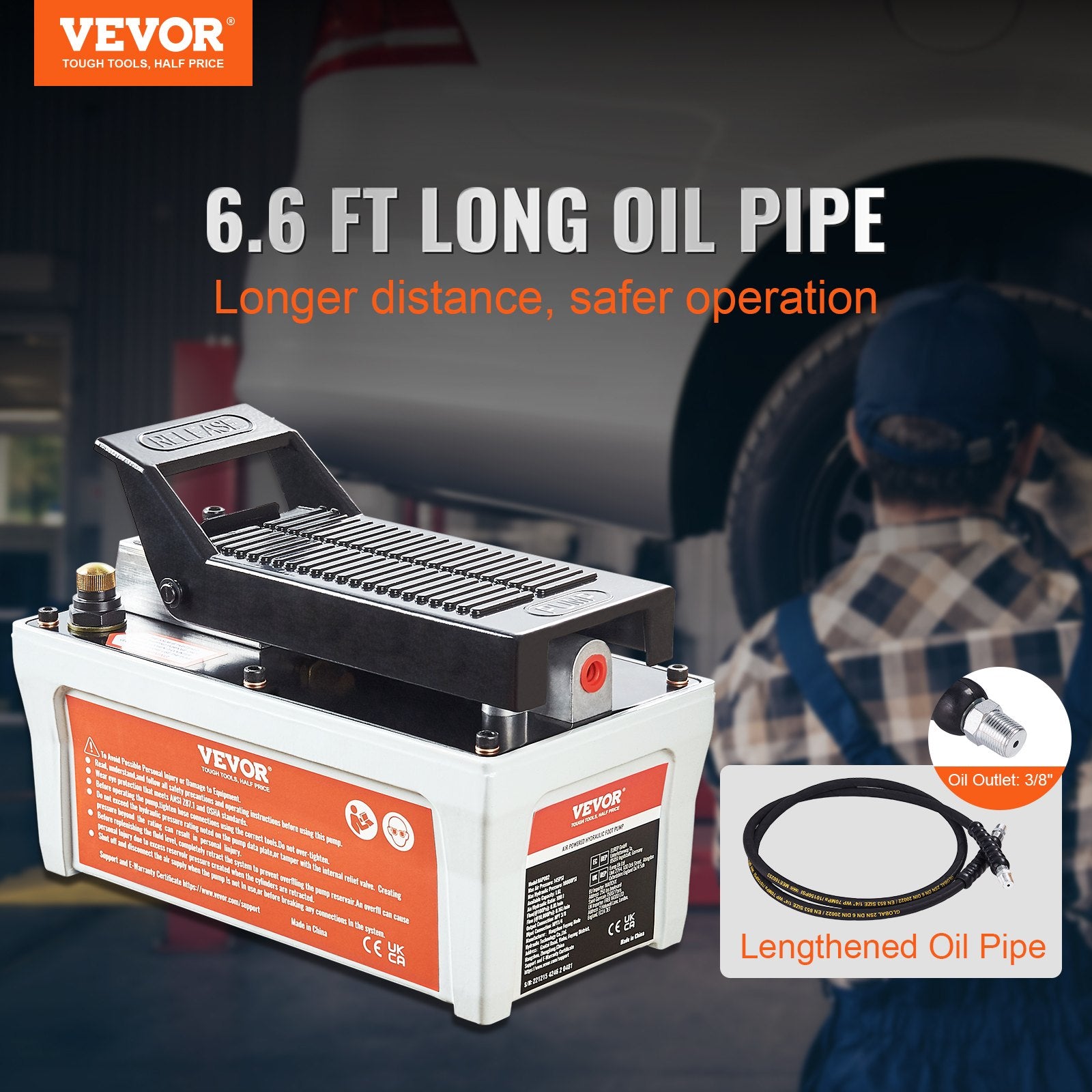 VEVOR Air Hydraulic Pump, 10,000 PSI 1/2 Gal Reservoir, NPT 3/8" Oil Outlet, NPT 1/4" Inlet, 6.6 ft Pipe, Foot Actuated Hydraulic Pump Air Treadle for Auto Body Frame Machines and Pulling Post, Gray