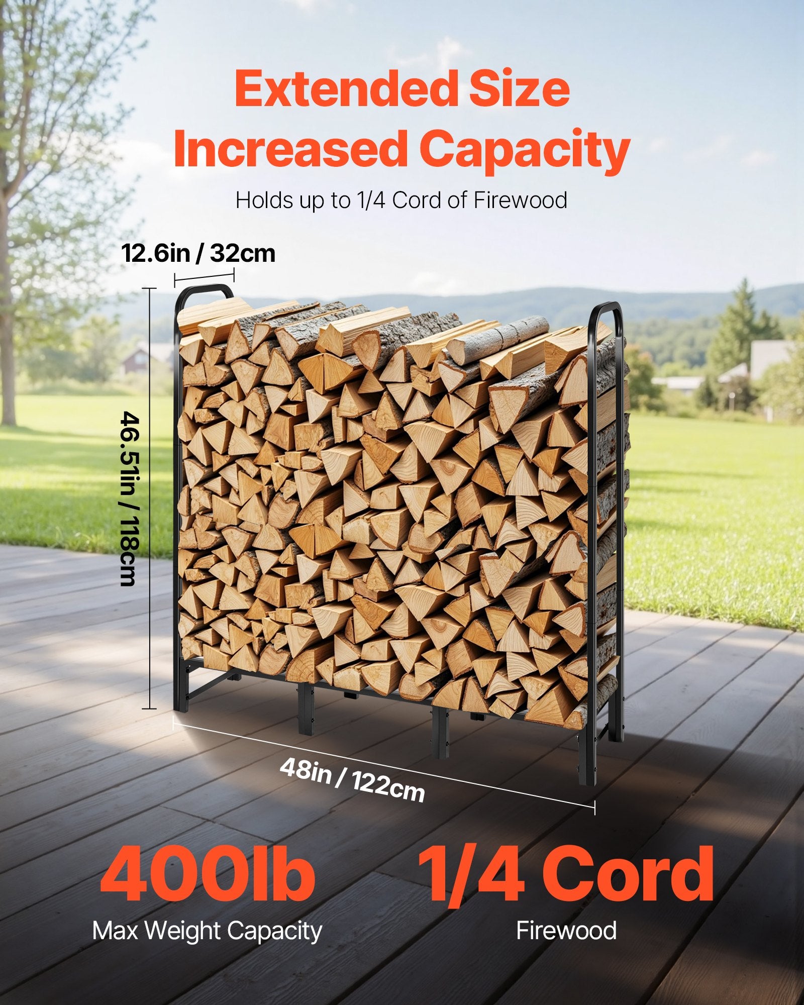 VEVOR Firewood Rack with Waterproof Cover, 1.22m Outdoor Firewood Holder, 1/4 Cord Storage Metal Log Holder, 400lb Max Weight Capacity, Full Covered, Powder-Coated Wood Storage Rack for Fireplace Deck
