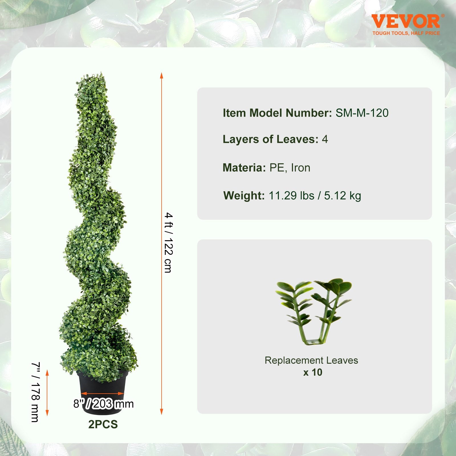 VEVOR Artificial Topiaries Boxwood Trees, 10cm Tall (2 Pieces) Faux Topiary Plant Outdoor, All-year Green Feaux Plant w/ Replaceable Leaves for Decorative Indoor/Outdoor/Garden