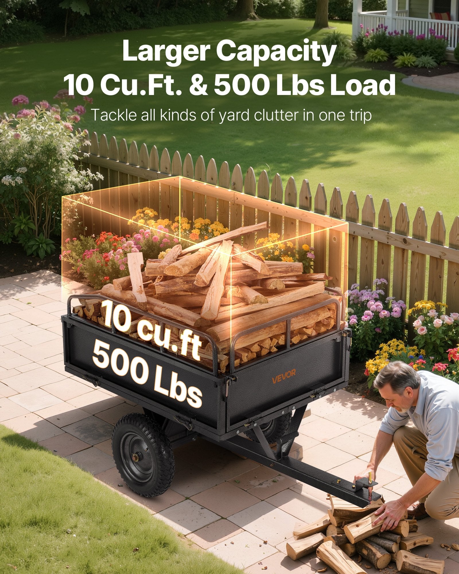 VEVOR Garden Utility Trailer, 10 Cu. Ft & 227 kg Capacity, ATV UTV Hauling Trailer, Tow Behind Steel Dump Cart with 14" Tires, Hand Pull or Foot Pedal, Heavy Duty Yard Trailers for Lawn Mower Tractor