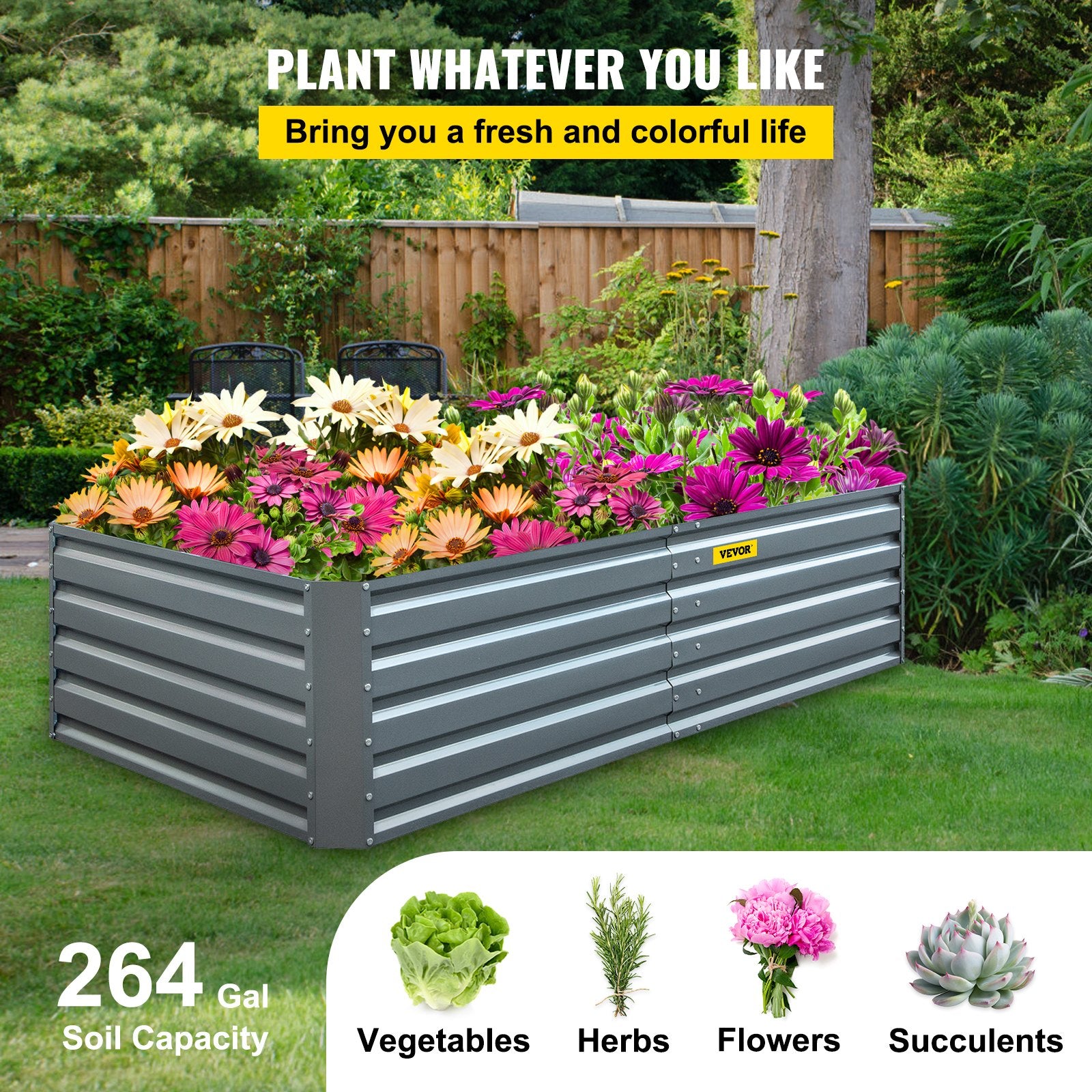 VEVOR Galvanized Raised Garden Bed, 203 x 102 x 48 cm Metal Planter Box, Gray Steel Plant Raised Garden Bed Kit, Planter Boxes Outdoor for Growing Vegetables,Flowers,Fruits,Herbs,and Succulents
