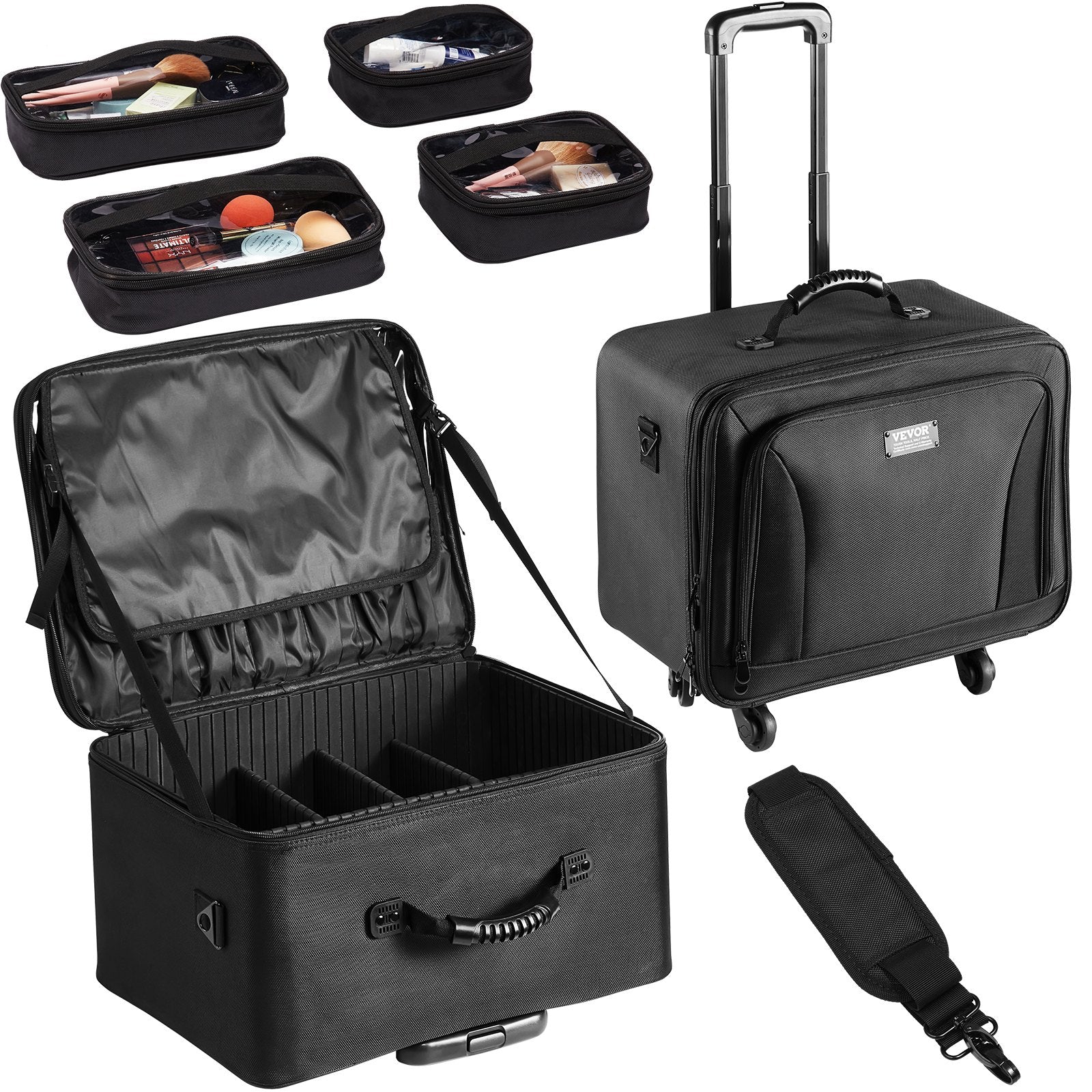 VEVOR Rolling Makeup Train Case Large Storage 3 Tiers, Convenient Carry With Handle, Wheels, Strap, Professional Makeup Storage Organizer Box Make Up Carrier Waterproof Oxford, Black