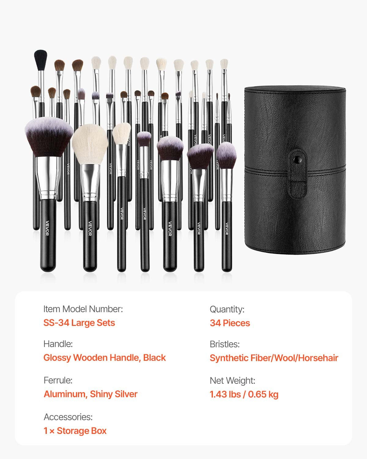 VEVOR 34-Piece Makeup Brush Set, Professional Brushes Kit for Foundation Blending Eyeshadow Concealer Blush - with Soft Bristles, Ergonomic Wood Handle, Travel-Friendly Case Included