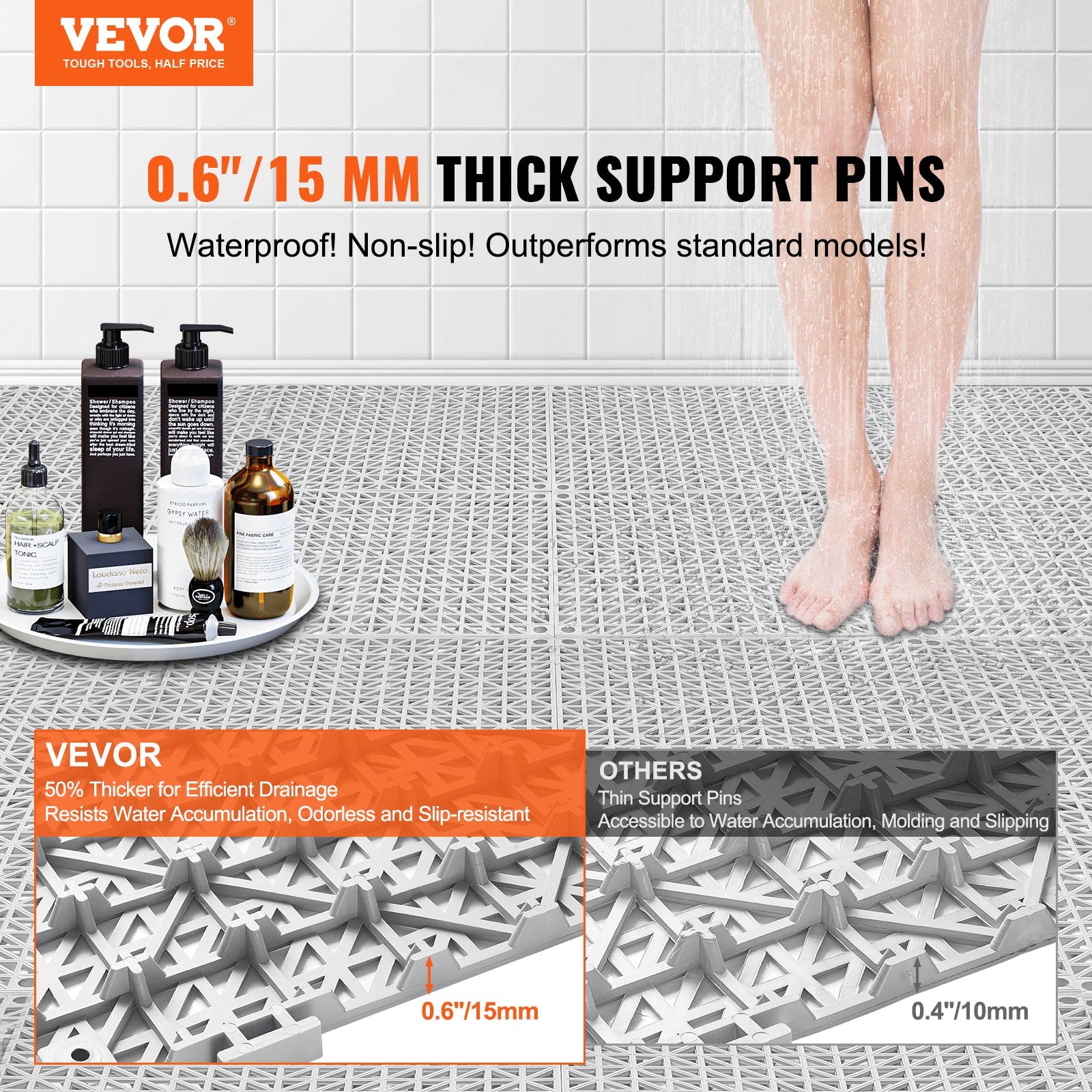VEVOR Modular Interlocking Cushion, 12 Pack 30 x 30 cm Splicing Drainage Mats, Soft PVC Interlocking Drainage Floor Tiles, Non-Slip Drainage Holes for Restroom, Bathroom, Kitchen, Pool, Wet Area, Gray