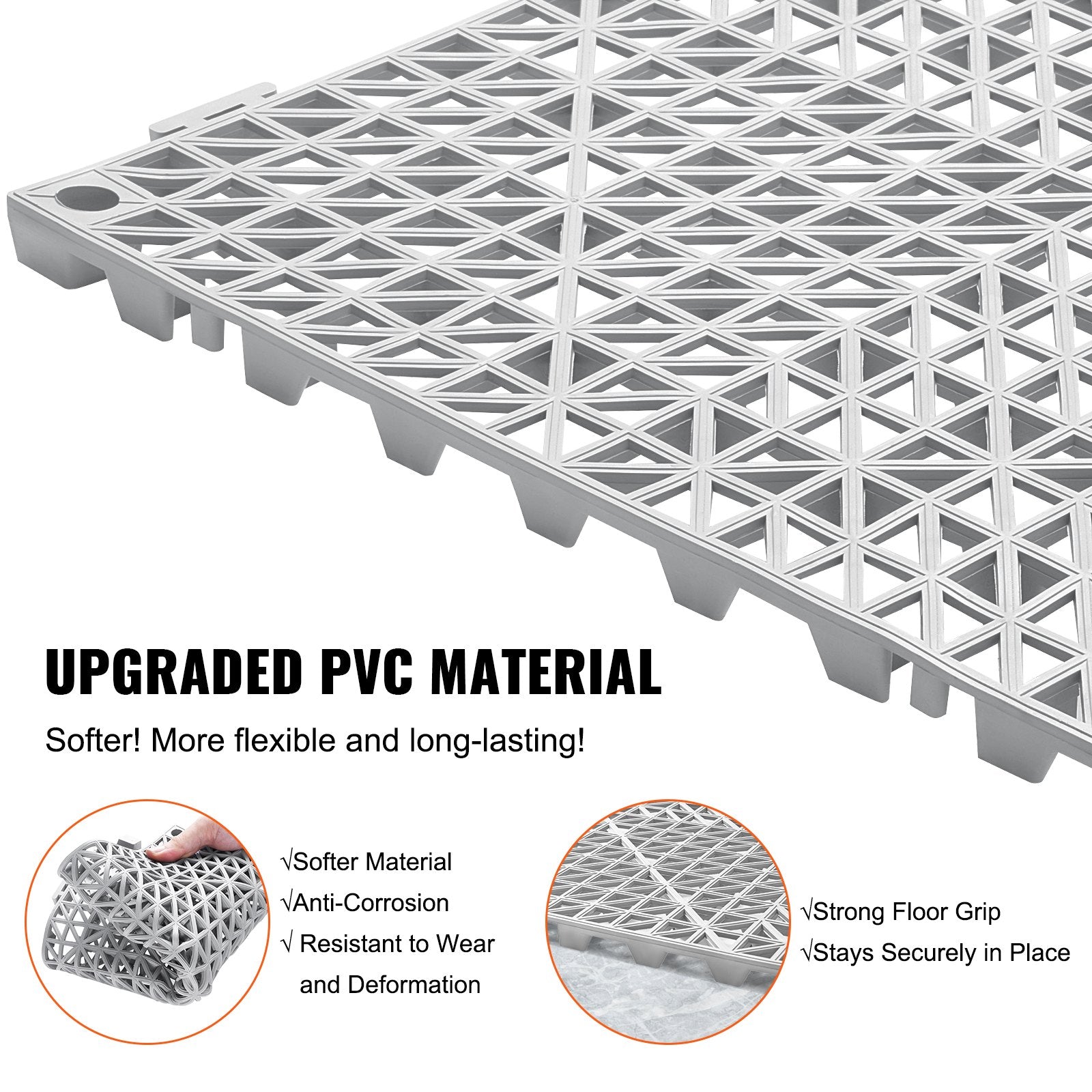 VEVOR Modular Interlocking Cushion, 12 Pack 30 x 30 cm Splicing Drainage Mats, Soft PVC Interlocking Drainage Floor Tiles, Non-Slip Drainage Holes for Restroom, Bathroom, Kitchen, Pool, Wet Area, Gray