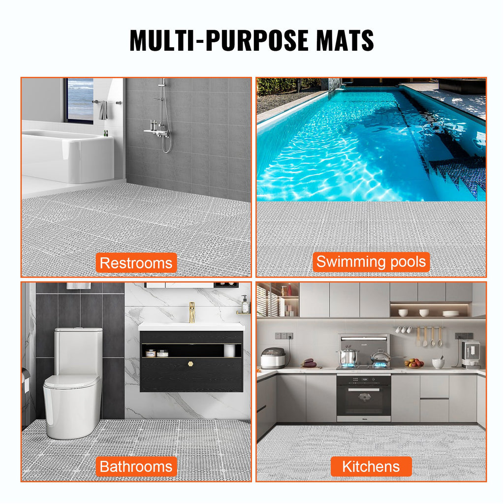 VEVOR Modular Interlocking Cushion, 12 Pack 30 x 30 cm Splicing Drainage Mats, Soft PVC Interlocking Drainage Floor Tiles, Non-Slip Drainage Holes for Restroom, Bathroom, Kitchen, Pool, Wet Area, Gray