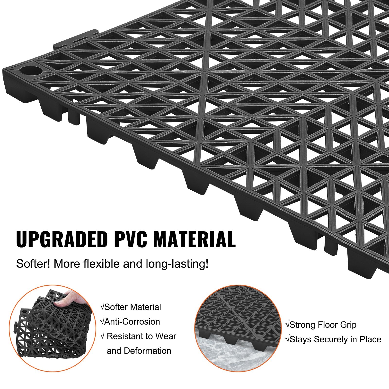 VEVOR Modular Interlocking Cushion, 55 Pack 30 x 30 cm Splicing Drainage Mats, PVC Interlocking Drainage Floor Tiles, Non-Slip Drainage Holes for Restroom, Bathroom, Kitchen, Pool, Wet Area, Black