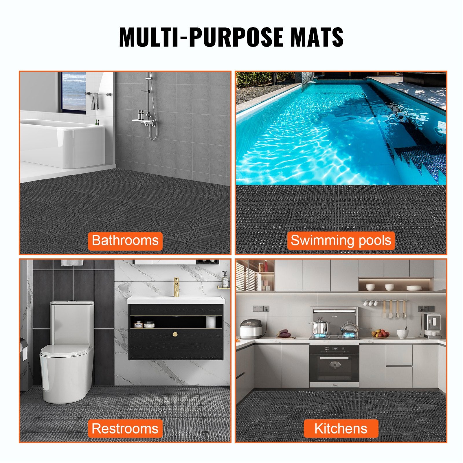 VEVOR Modular Interlocking Cushion, 55 Pack 30 x 30 cm Splicing Drainage Mats, PVC Interlocking Drainage Floor Tiles, Non-Slip Drainage Holes for Restroom, Bathroom, Kitchen, Pool, Wet Area, Black