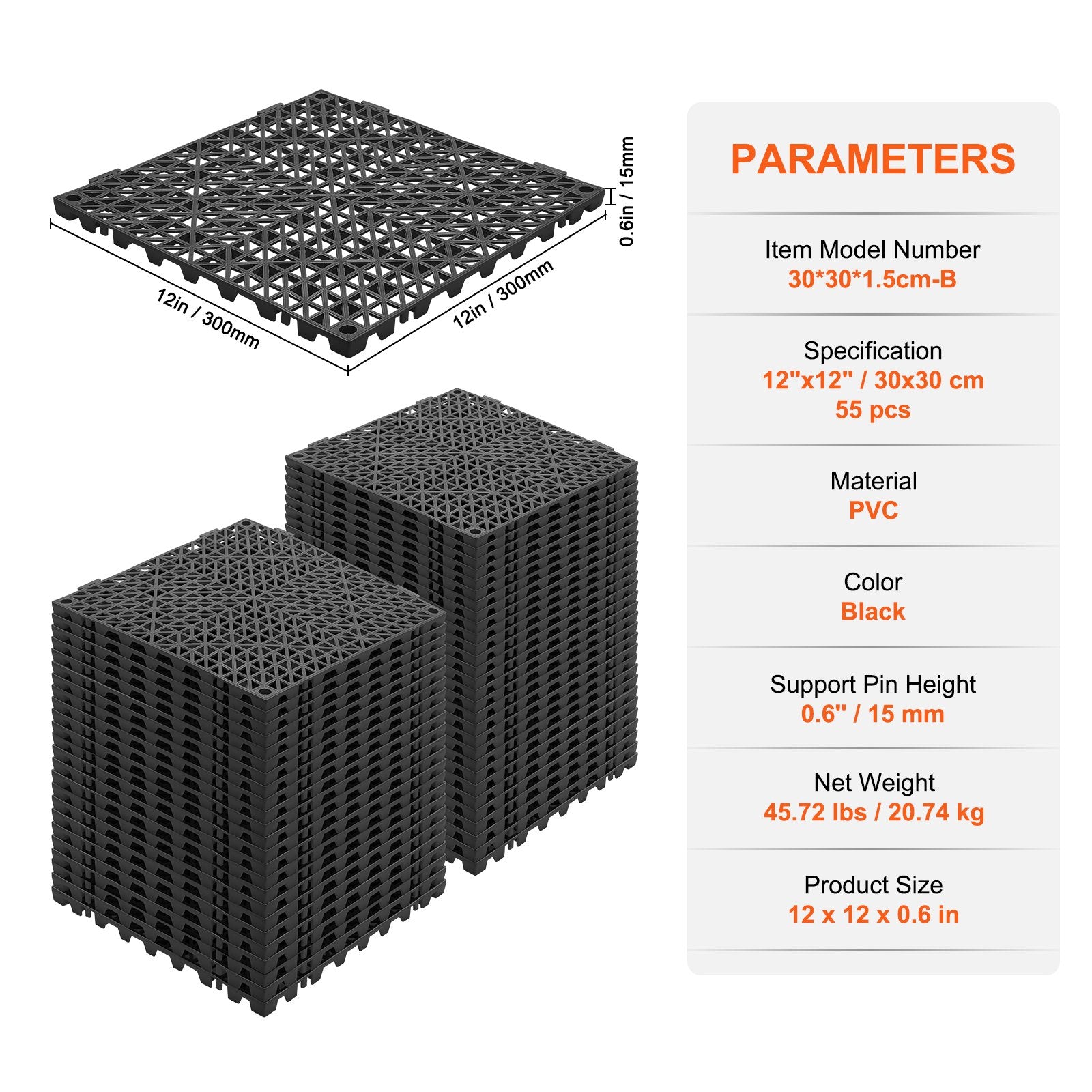VEVOR Modular Interlocking Cushion, 55 Pack 30 x 30 cm Splicing Drainage Mats, PVC Interlocking Drainage Floor Tiles, Non-Slip Drainage Holes for Restroom, Bathroom, Kitchen, Pool, Wet Area, Black