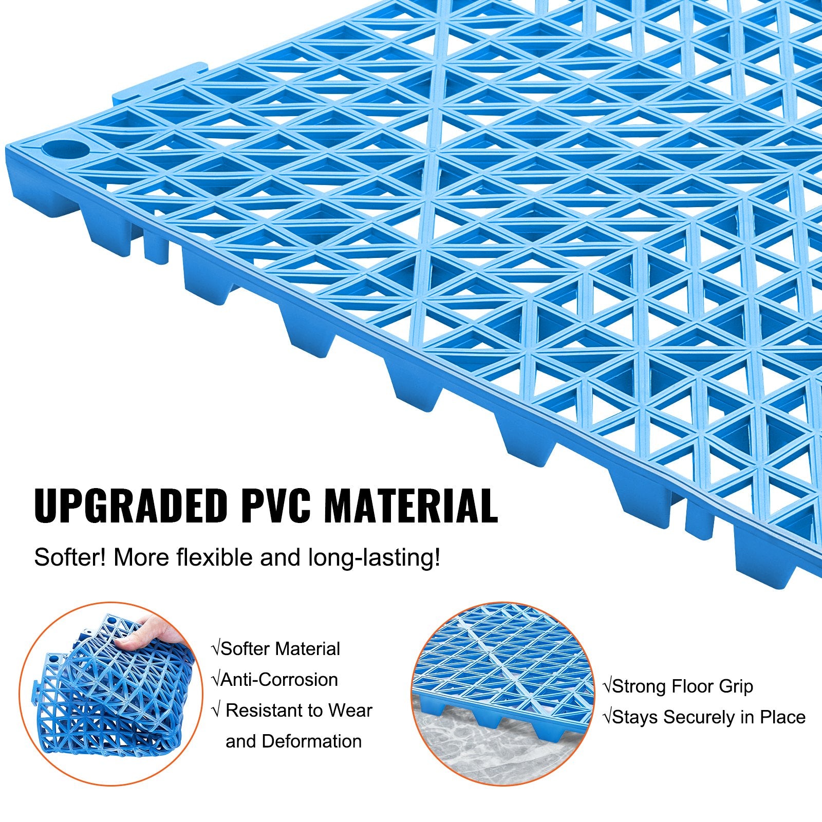 VEVOR Modular Interlocking Cushion, 55 Pack 30 x 30 cm Splicing Drainage Mats, Soft PVC Interlocking Drainage Floor Tiles, Non-Slip Drainage Holes for Restroom, Bathroom, Kitchen, Pool, Wet Area, Blue