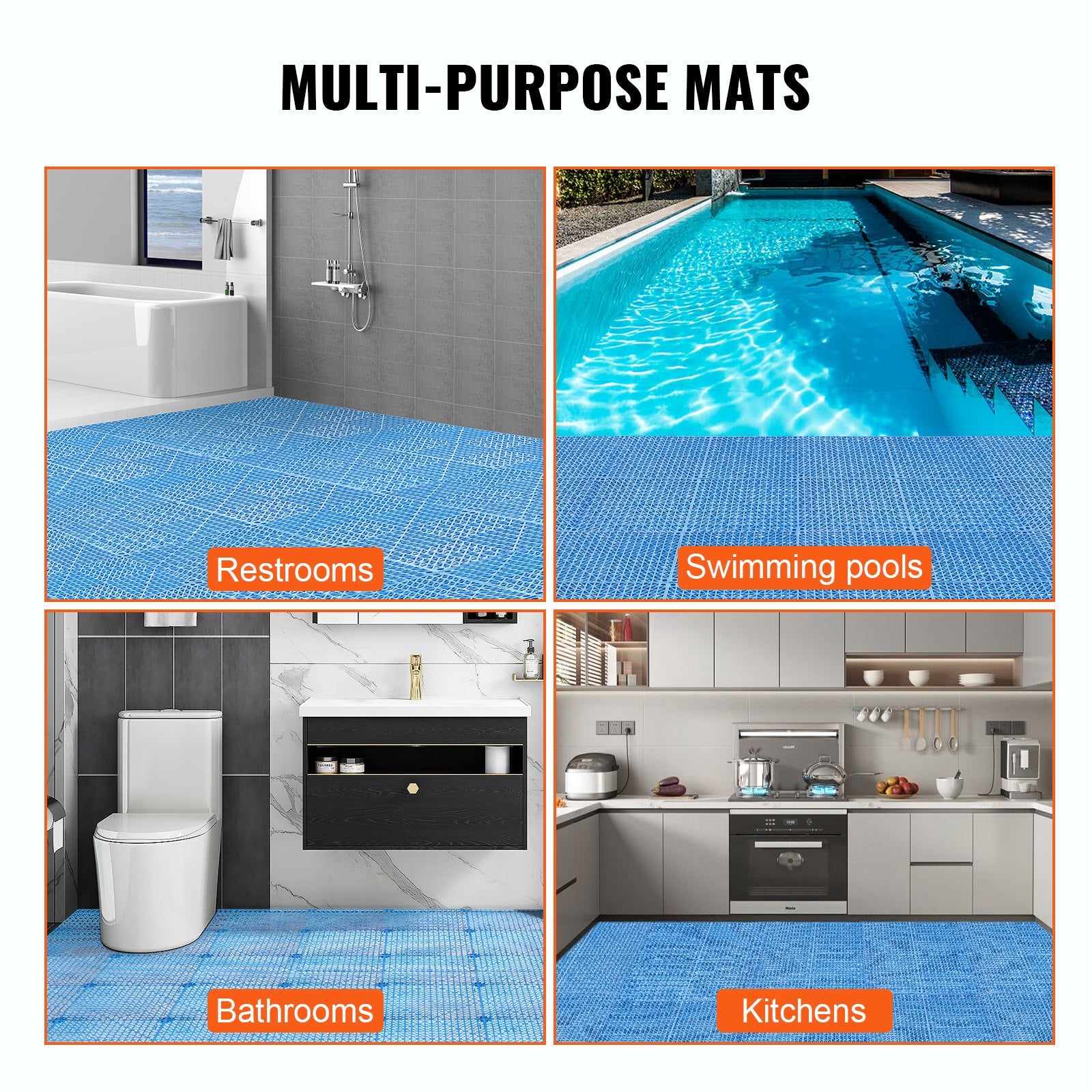VEVOR Modular Interlocking Cushion, 55 Pack 30 x 30 cm Splicing Drainage Mats, Soft PVC Interlocking Drainage Floor Tiles, Non-Slip Drainage Holes for Restroom, Bathroom, Kitchen, Pool, Wet Area, Blue