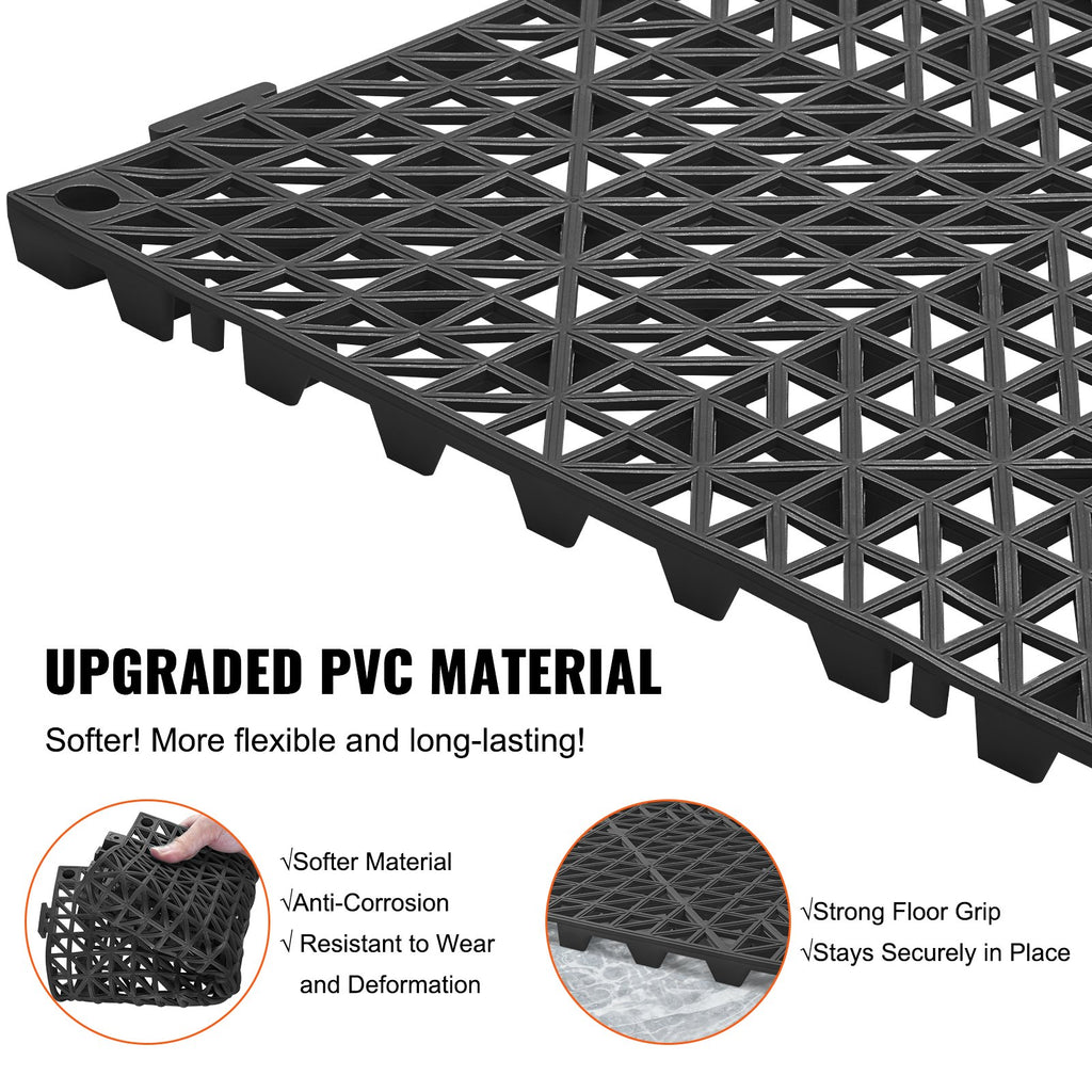 VEVOR Modular Interlocking Cushion, 12 Pack 30 x 30 cm Splicing Drainage Mats, PVC Interlocking Drainage Floor Tiles, Non-Slip Drainage Holes for Restroom, Bathroom, Kitchen, Pool, Wet Area, Black