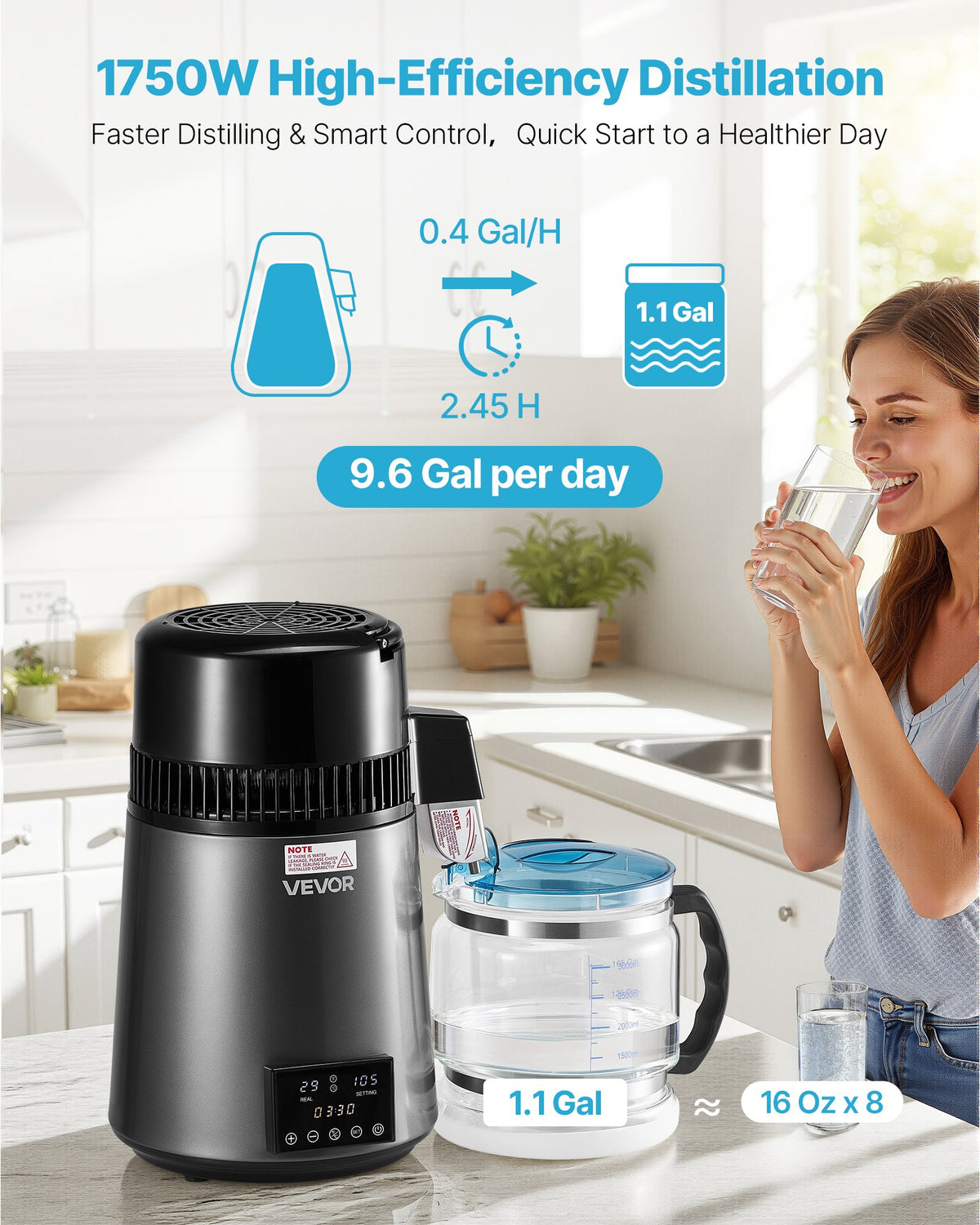 VEVOR Water Distiller, 4L 1.1 Gallon Pure Water Purifier Filter For Home Table Countertop, 1750W Distilled Maker with Glass Pot, Stainless Steel Interior Drinking Machine to Make Clean Waters, Grey