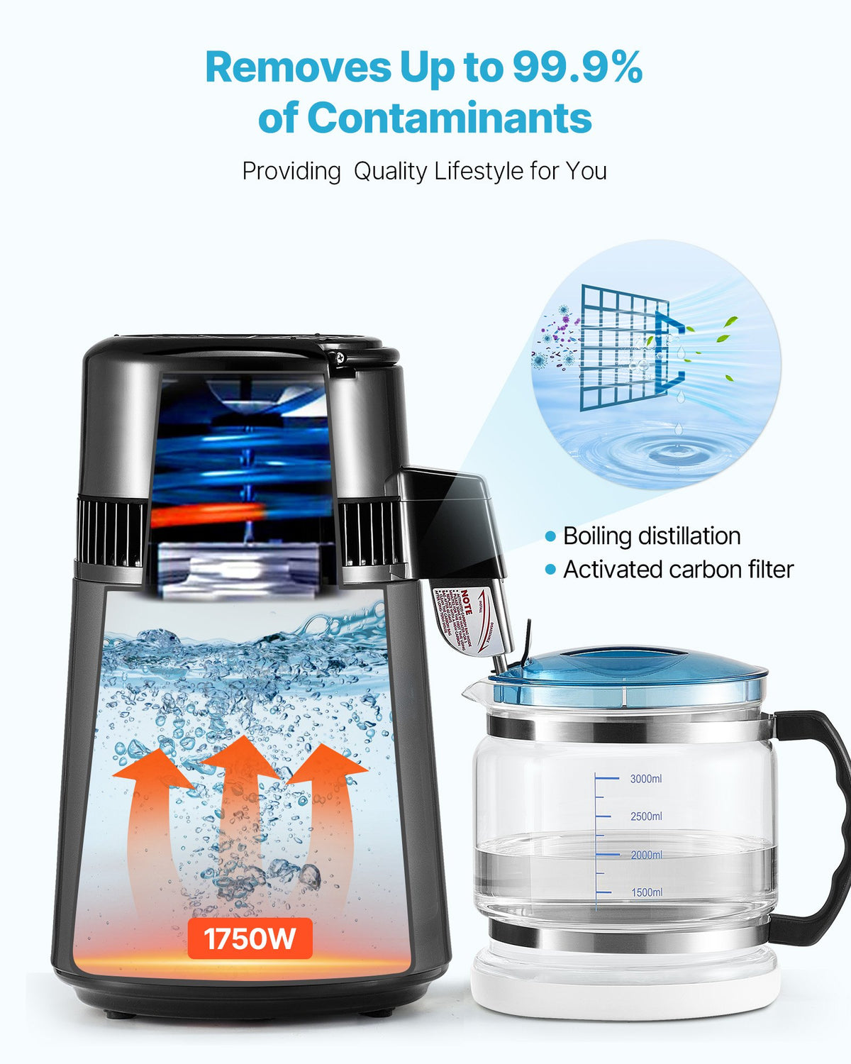 VEVOR Water Distiller, 4L 1.1 Gallon Pure Water Purifier Filter For Home Table Countertop, 1750W Distilled Maker with Glass Pot, Stainless Steel Interior Drinking Machine to Make Clean Waters, Grey