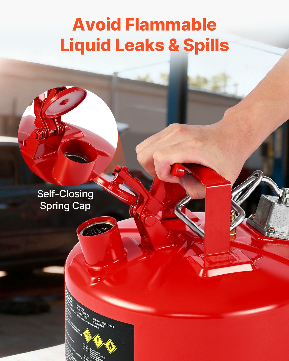 VEVOR Safety Gas Can, 9.5 L Type II Red Safety Can for Gasoline with Stainless Steel Flame Arrester, Self-Closing Lid, and Flexible Metal Spout, Carbon Steel Flammable Storage with Ergonomic Handle