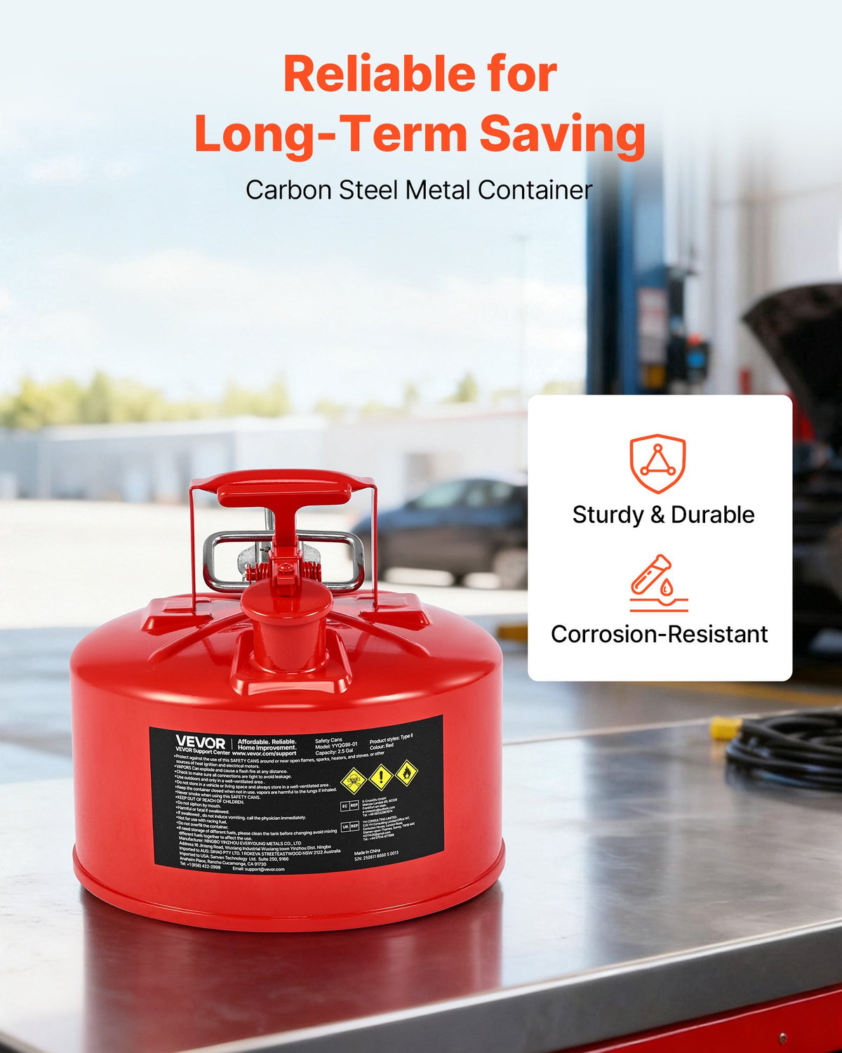 VEVOR Safety Gas Can, 9.5 L Type II Red Safety Can for Gasoline with Stainless Steel Flame Arrester, Self-Closing Lid, and Flexible Metal Spout, Carbon Steel Flammable Storage with Ergonomic Handle