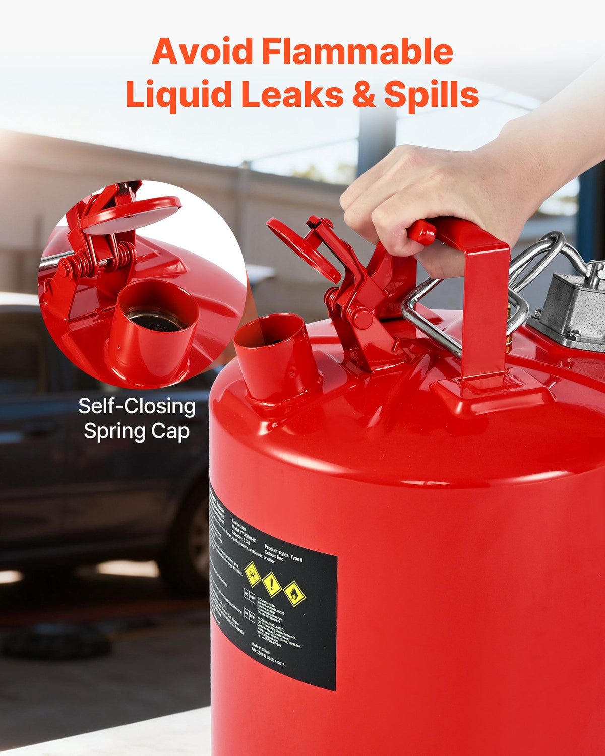 VEVOR Safety Gas Can, 19 L Type II Red Safety Can for Gasoline with Stainless Steel Flame Arrester, Self-Closing Lid, and Flexible Metal Spout, Carbon Steel Flammable Storage with Ergonomic Handle