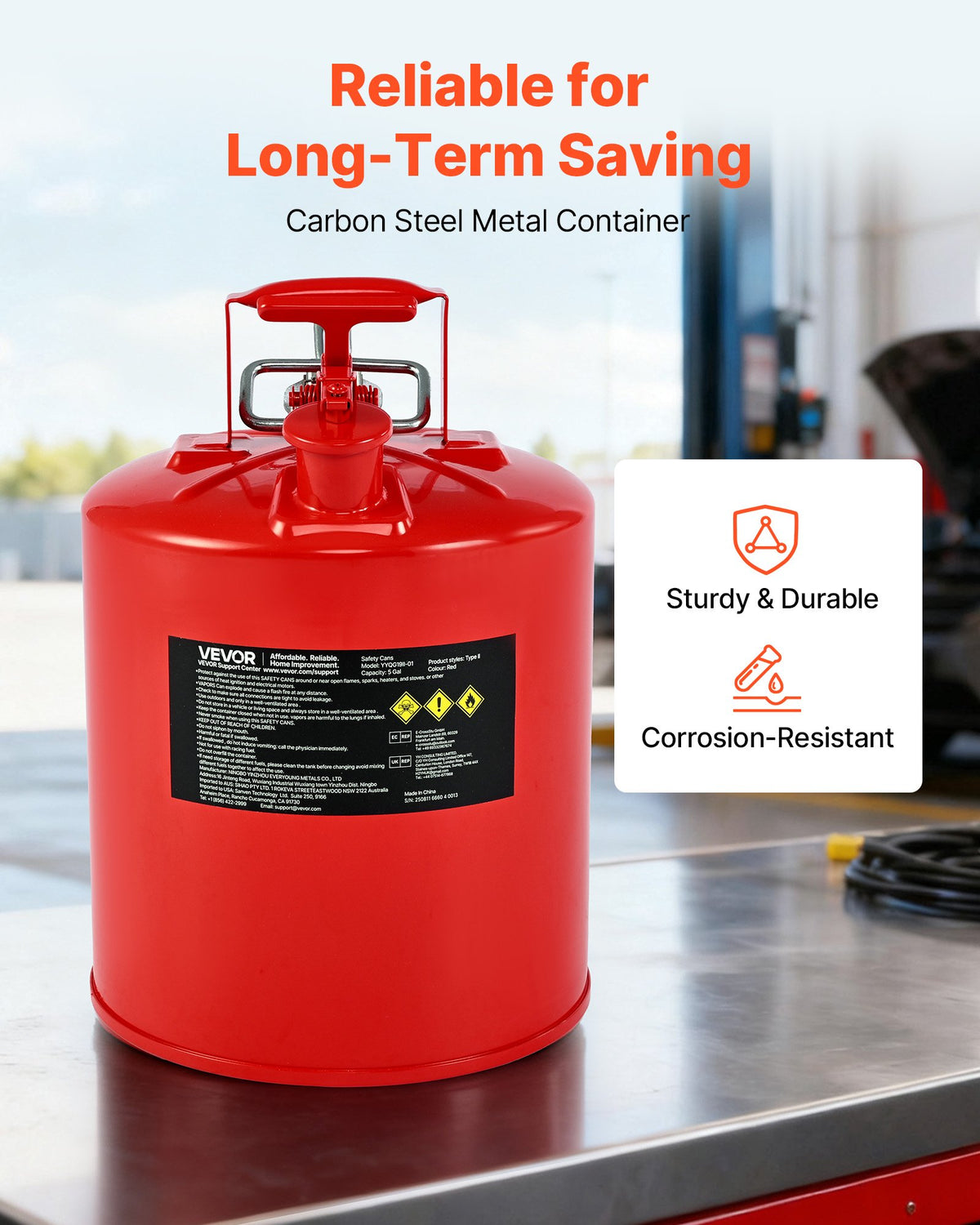 VEVOR Safety Gas Can, 19 L Type II Red Safety Can for Gasoline with Stainless Steel Flame Arrester, Self-Closing Lid, and Flexible Metal Spout, Carbon Steel Flammable Storage with Ergonomic Handle