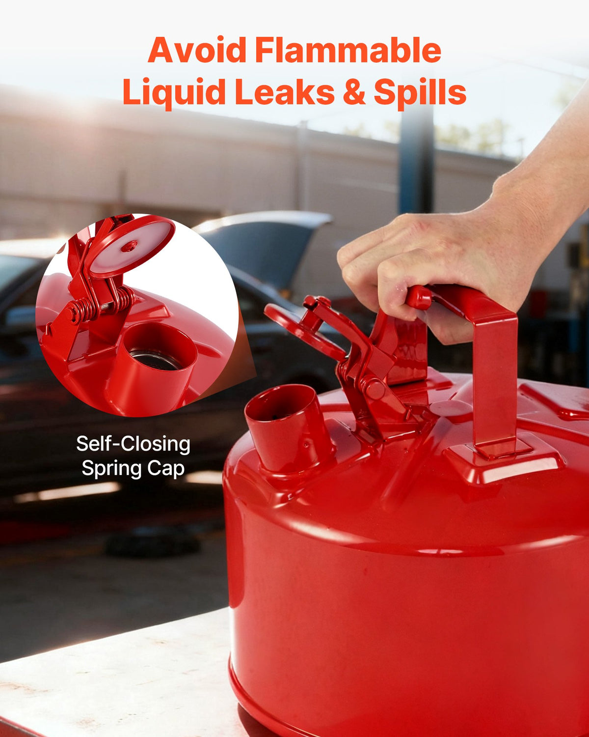 VEVOR Safety Gas Can, 9.5 L Type I Red Safety Can for Gasoline with Stainless Steel Flame Arrester, Self-Closing Lid, and PE Funnel, Carbon Steel Flammable Storage Container with Ergonomic Handle