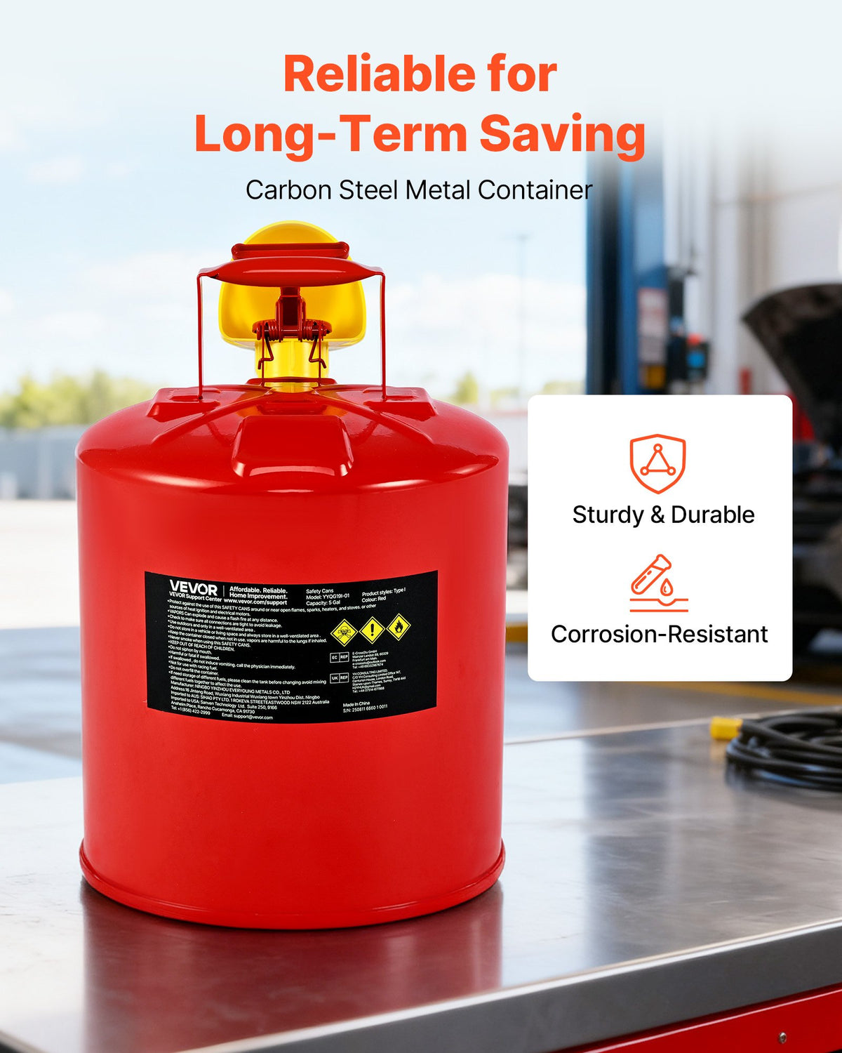 VEVOR Safety Gas Can, 19 L Type I Red Safety Can for Gasoline with Stainless Steel Flame Arrester, Self-Closing Lid, and PE Funnel, Carbon Steel Flammable Fuel Storage Container with Ergonomic Handle