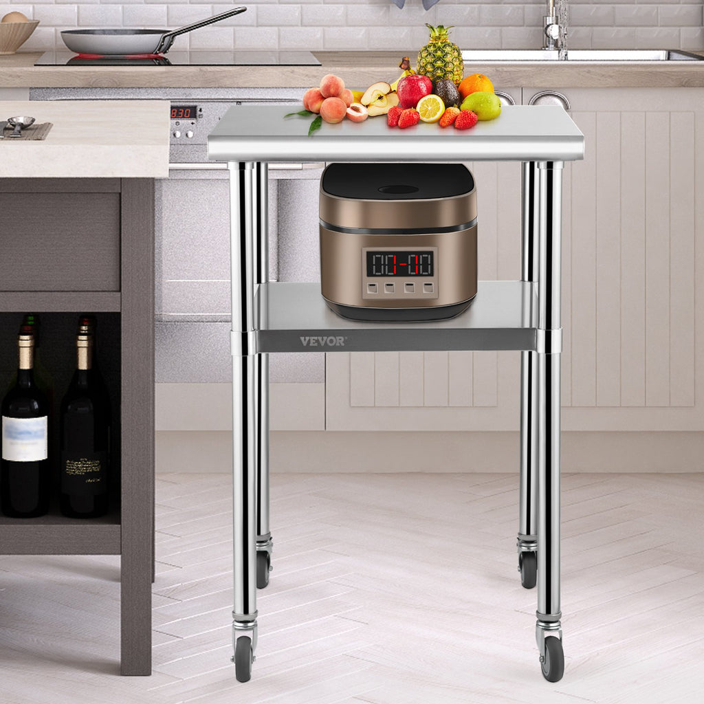 VEVOR Stainless Steel Prep Table, 61 x 61 x 91.4 cm, 600lbs Load Capacity Heavy Duty Metal Worktable with Adjustable Undershelf & Universal Wheels, Commercial Workstation for Kitchen Garage Backyard