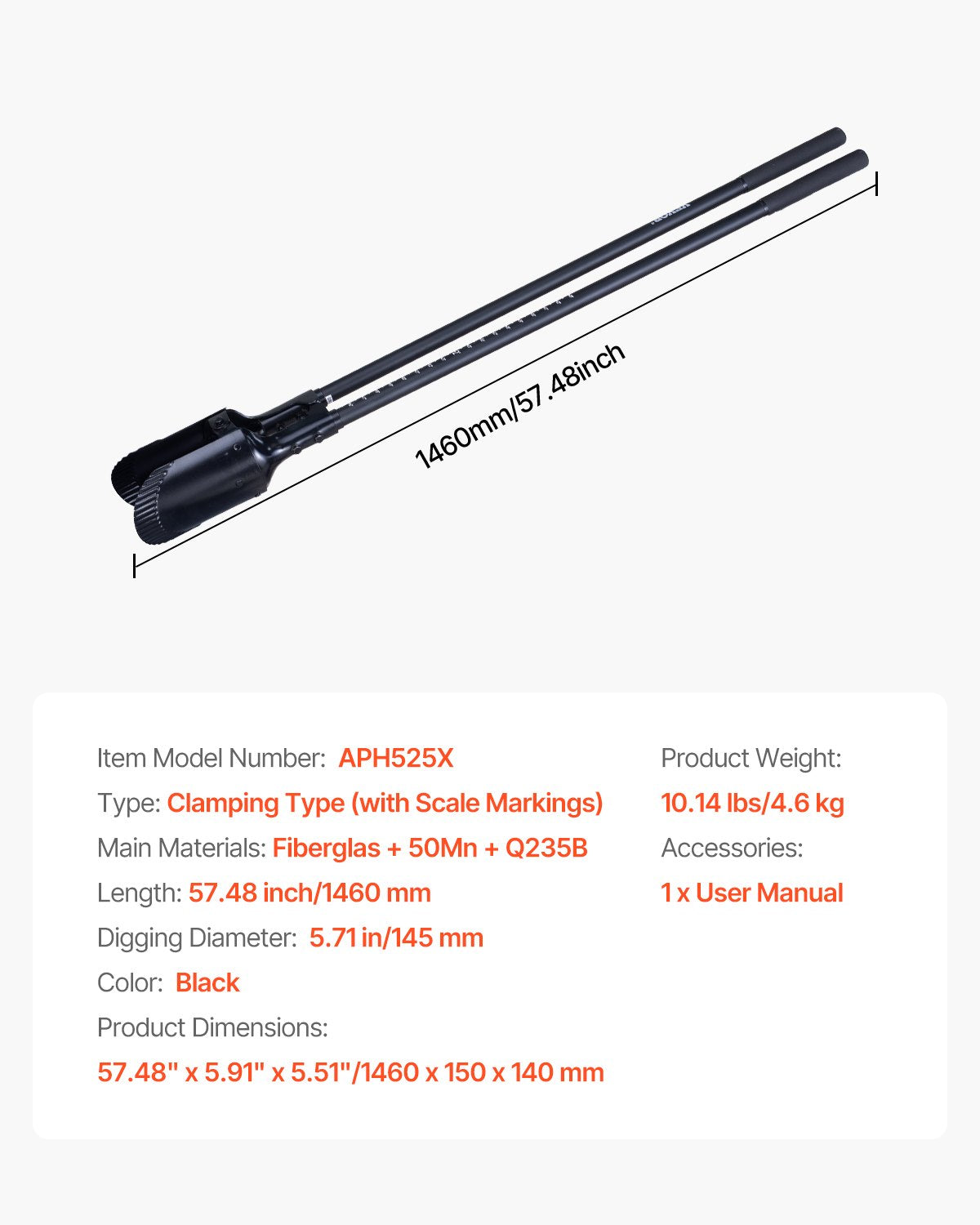 VEVOR Post Hole Digger, Heavy Duty Post Hole Digger with Fiberglass Handle, Manual Hole Digger with Scale Markings and Metal Blade, Post Hole Digger Tool for Digging Gardening and Outdoors, 1460 mm