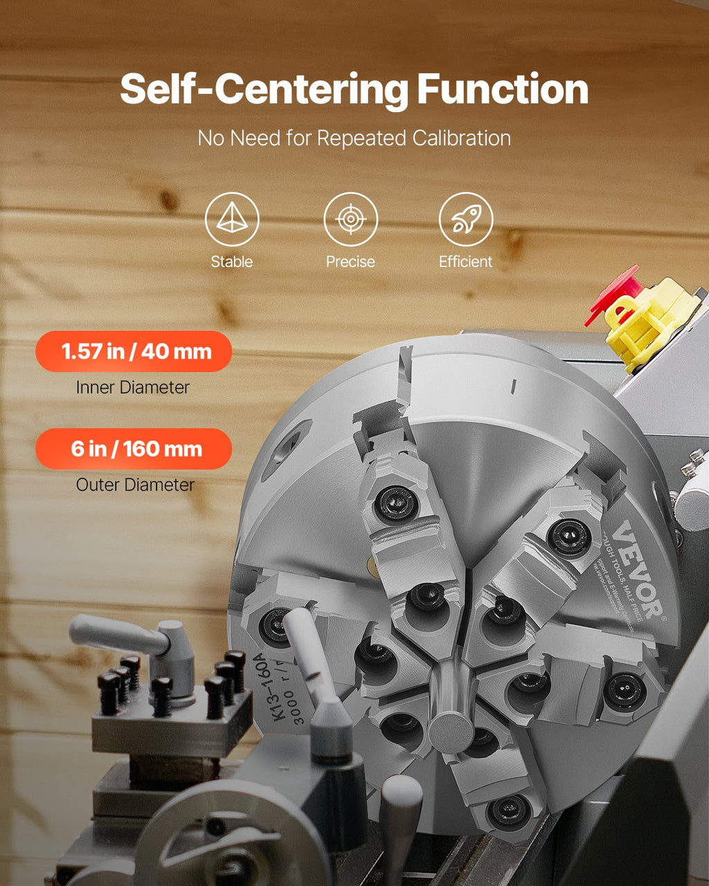 VEVOR 6-Jaw Lathe Chuck, 6 Inch (160 mm), Self-Centering Chuck with D1-4 Cam Lock Backing Plate, 0.12-5.71 in (3-145 mm) Clamping Range with T-wrench Screws, HT300 Material, for Wood Metal Lathe