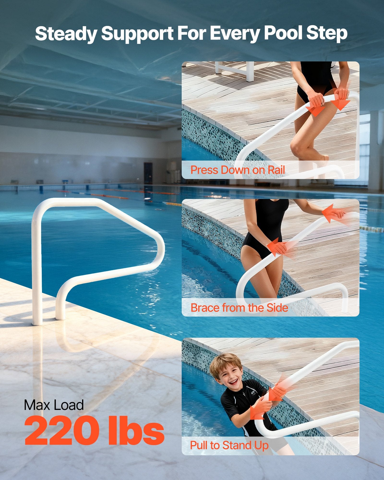 VEVOR Pool Rail, 122 x 81.3 cm Pool Handrail, 100kg Load Capacity Heavy Duty Stainless Steel Swimming Handrail, Seamless Welding, Recessed or Base Mount, for Poolside, Water Parks, Spa Centers