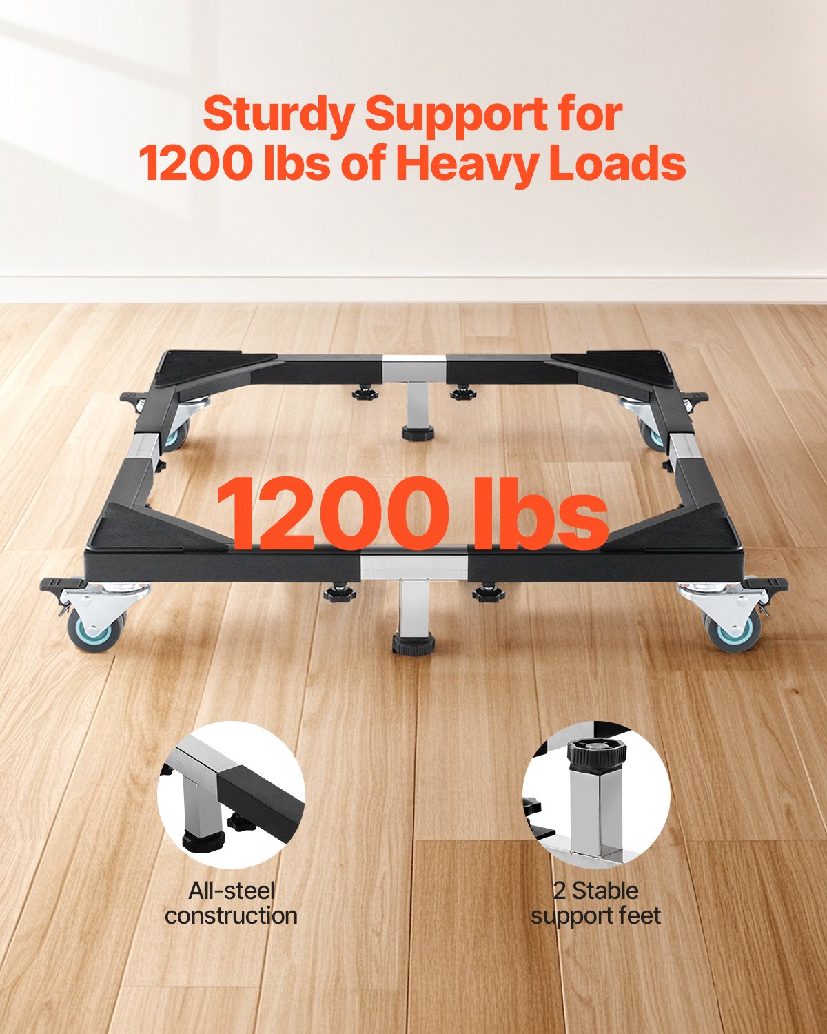 VEVOR Fridge Stand Mobile Base, 1200 lbs Load Capacity, Washing Machine Stand with 8 Locking Twin Wheels and 4 Brakes, 23-36.6 Inches Adjustable Furniture Dolly for Washer, Refrigerator and Dryer