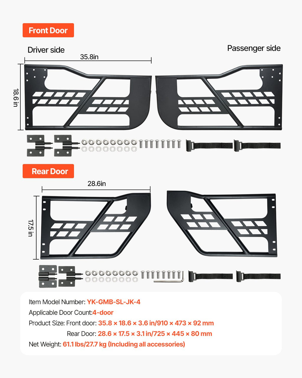 VEVOR Jeep Tube Doors, 4-Door, Hunting Style Jeep Tubular Door with Heavy-Duty Hinges & OE Latch, Jeep Doors with Rubber Pads & Toughened Steel Tube, Fit for 2007-2018 Jeep Wrangler JK