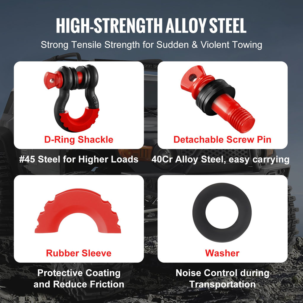 VEVOR D-Ring Shackle, 2 Pack 19.05 mm Alloy Steel Shackles 28.5 Ton Break Strength with 22 mm Screw Pin, Isolators & Washers Kit, Heavy Duty Off Road Vehicle Recovery Shackle for Jeep Truck, Black