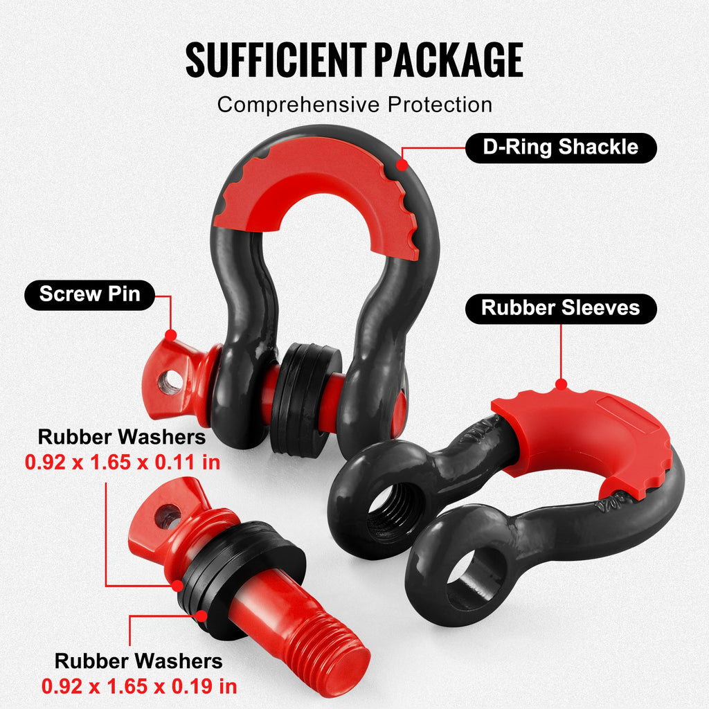 VEVOR D-Ring Shackle, 2 Pack 19.05 mm Alloy Steel Shackles 28.5 Ton Break Strength with 22 mm Screw Pin, Isolators & Washers Kit, Heavy Duty Off Road Vehicle Recovery Shackle for Jeep Truck, Black