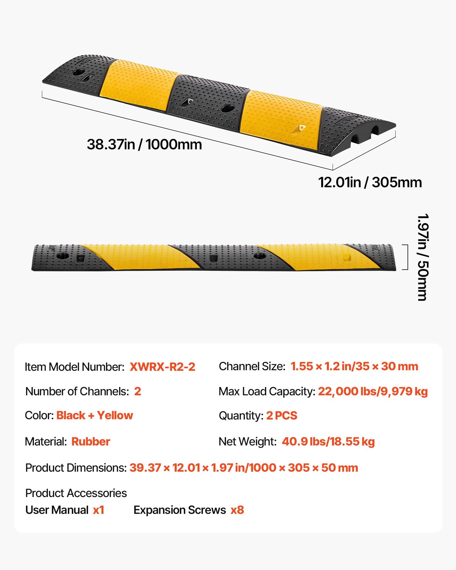 VEVOR 1000MM Rubber Speed Bump, 2 Pack, 2 Channel Heavy Duty Traffic Speed Hump, 9,979 kg/Axle Load Capacity, Cable Protector Ramp with Expansion Screws, for Asphalt Concrete Gravel Driveway and Road