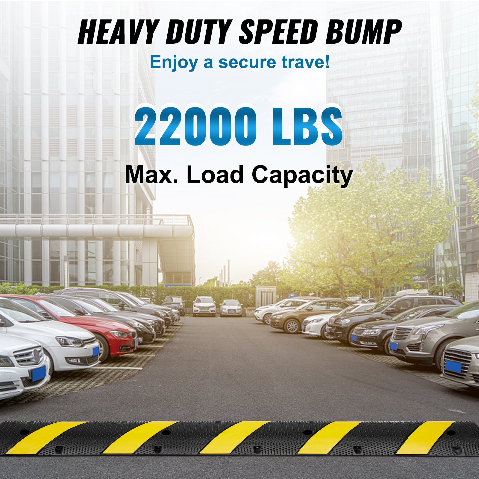 VEVOR 6 ft Rubber Speed Hump, 2 Channel, 10000 kg/axle Load Capacity Heavy Duty Traffic Speed Bump, with High Reflective Yellow Strip 4 Expansion Screws and 1 Drill, for Asphalt Concrete Gravel Roads