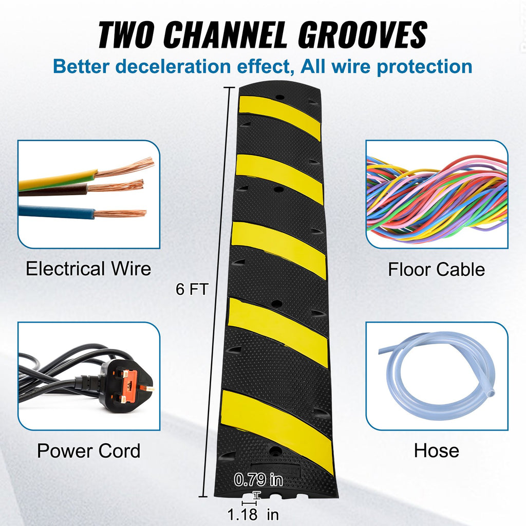 VEVOR 6 ft Rubber Speed Hump, 2 Channel, 10000 kg/axle Load Capacity Heavy Duty Traffic Speed Bump, with High Reflective Yellow Strip 4 Expansion Screws and 1 Drill, for Asphalt Concrete Gravel Roads