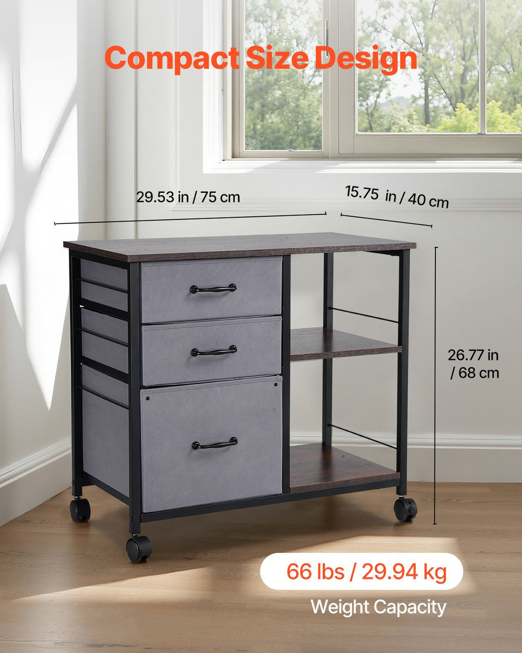 VEVOR Mobile Metal File Cabinet with 3 Fabric Drawers and 2 Open Shelves Brown