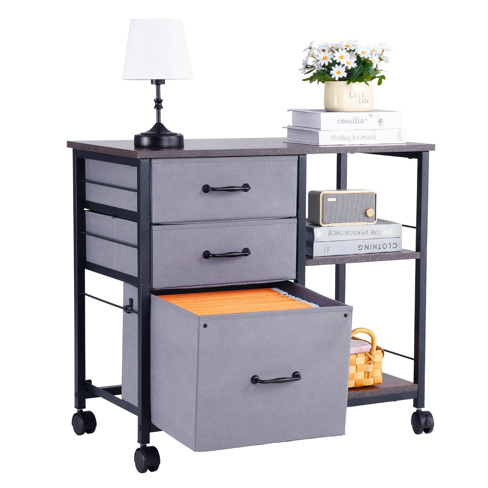 VEVOR Mobile Metal File Cabinet with 3 Fabric Drawers and 2 Open Shelves Brown