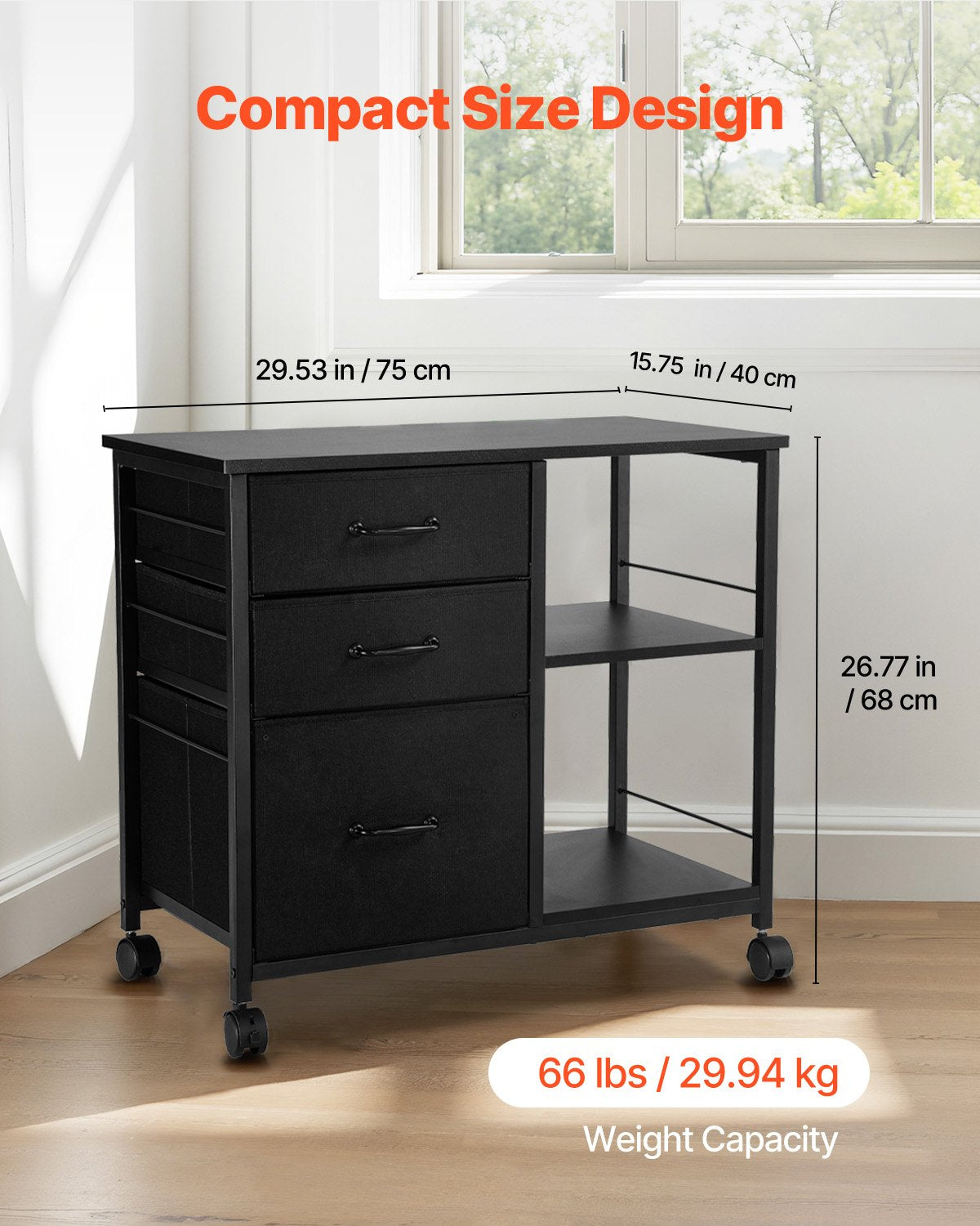 VEVOR Mobile Metal File Cabinet with 3 Fabric Drawers and 2 Open Shelves Black