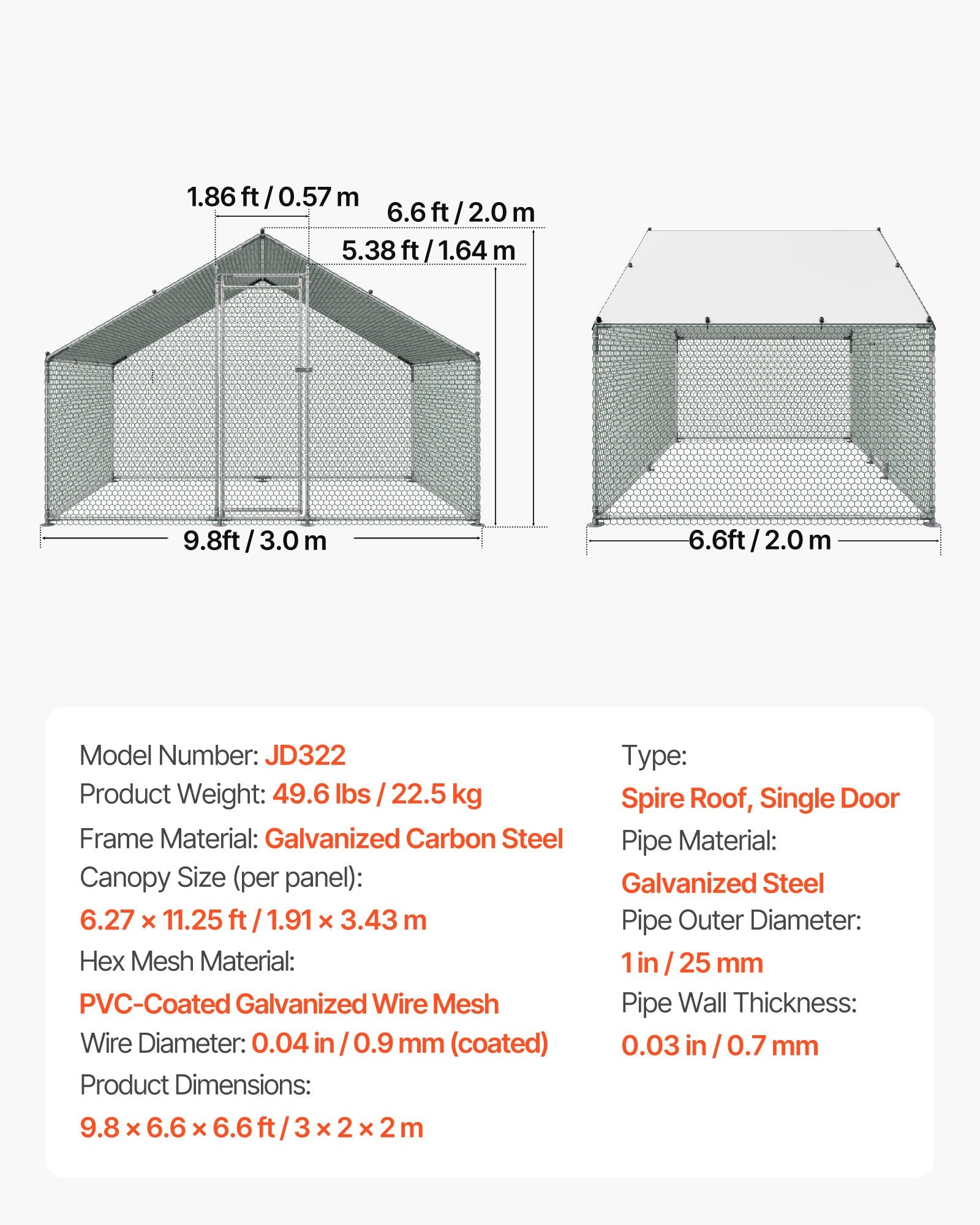 VEVOR Metal Chicken Coop, 9.8x6.5x6.5ft Large Walk-in Chicken Runs with Cover, Spire Roof Hen House Enclosure with Security Lock, Outdoor Duck Rabbit Cage Poultry Pen for Backyard, Farm, Yard