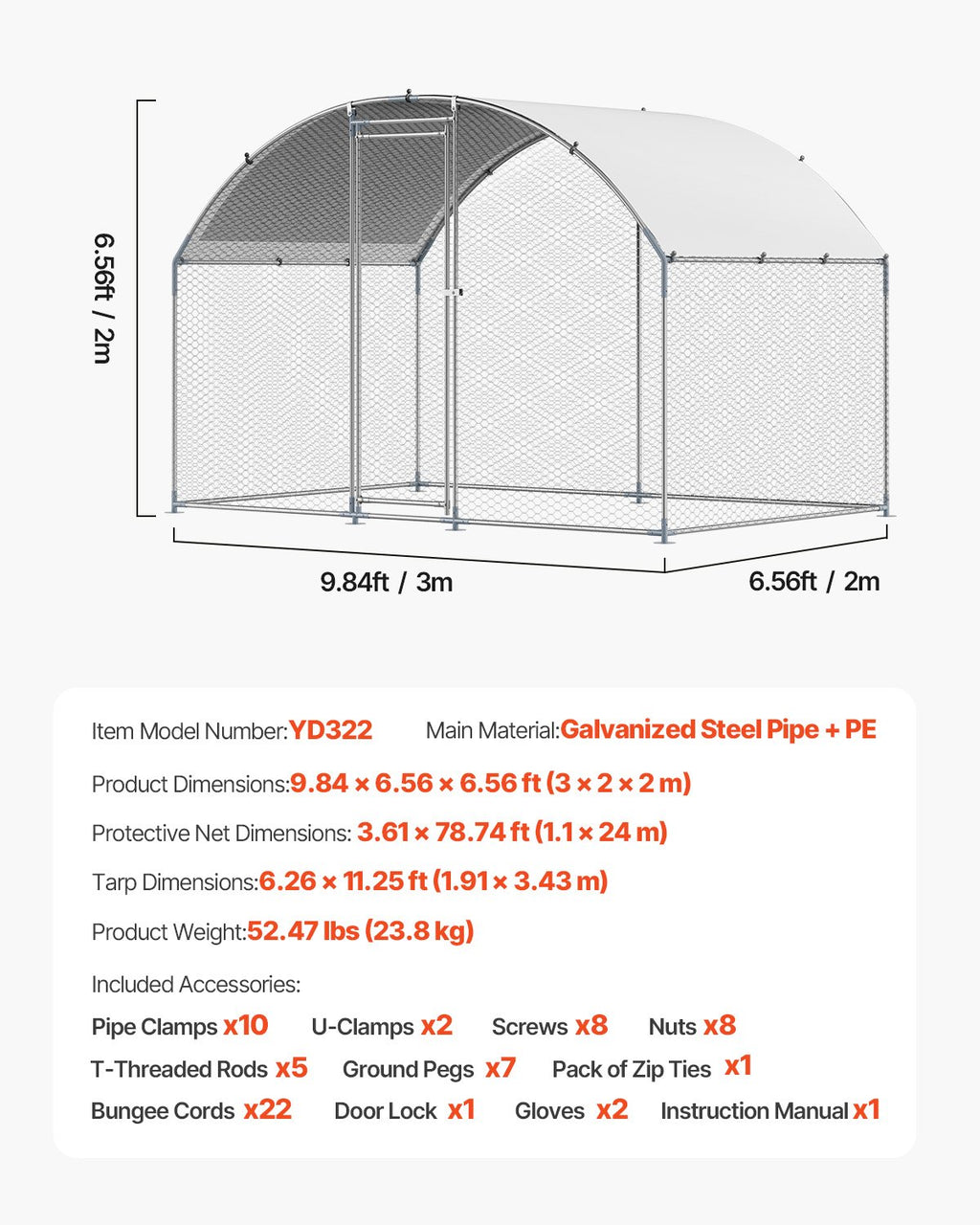 VEVOR Metal Chicken Coop, 9.8x6.5x6.5ft Large Walk-in Chicken Runs with Cover, Doom Roof Hen House Enclosure with Security Lock, Outdoor Duck Rabbit Cage Poultry Pen for Backyard, Farm, Yard